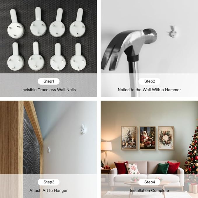 HOURIA Vintage Christmas Framed Canvas Wall Art Set,Santa Claus Reading Book Decor, Wreath Pinecone Berries Artwork,Cozy Night Tree Candle Lantern Prints for Living Room,Xmas Holiday Gifts- 24"x36"x3