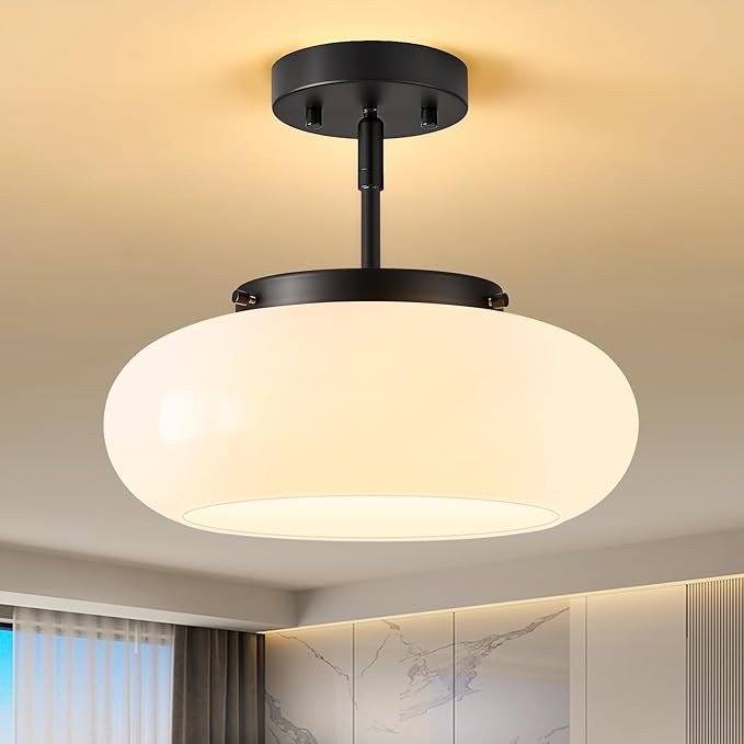 Mid-Century Modern Black Semi Flush Mount Ceiling Light, 3-Light Kitchen Light Fixtures with Glass Shade for Entryway Hallway Bathroom Bedroom (12.6 Inch)