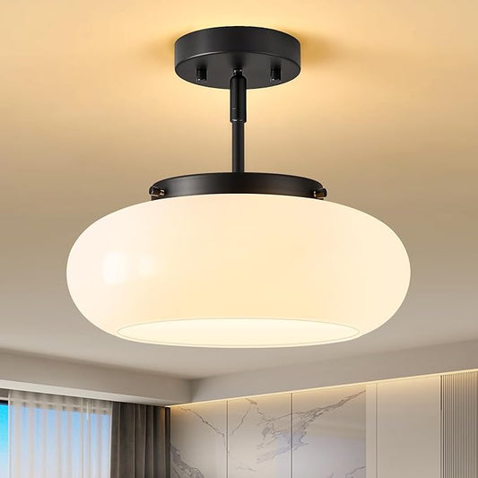 Mid-Century Modern Black Semi Flush Mount Ceiling Light, 3-Light Kitchen Light Fixtures with Glass Shade for Entryway Hallway Bathroom Bedroom (12.6 Inch)