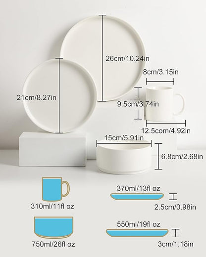 Sweejar Porcelain Dinnerware Sets for 4, 16 Pieces Ceramic Plates and Bowls Set, Classic Modern Simple Kitchen Dinner Dining Ware Set, Dishwasher and Microwave Safe Dishes Sets with Cups(Pure White)