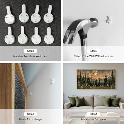 HOURIA Nature Forest Mountain Framed Canvas Wall Art Set,Moonlight Pine Tree Flower Wall Decor,Wilderness Field Wall Painting,Vintage Botanical Art Prints for Living Room,Bedroom,Farmhouse- 20"x40"x1