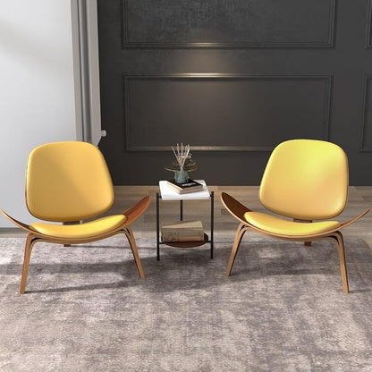 homary Leather Walnut Tripod Accent Chair, High Back Lounge Chair with Soft Faux Leather Seat, Sturdy Wood Frame for Living Room Bedroom (Black) (Yellow)