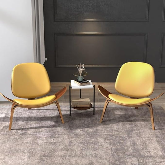homary Leather Walnut Tripod Accent Chair, High Back Lounge Chair with Soft Faux Leather Seat, Sturdy Wood Frame for Living Room Bedroom (Black) (Yellow)