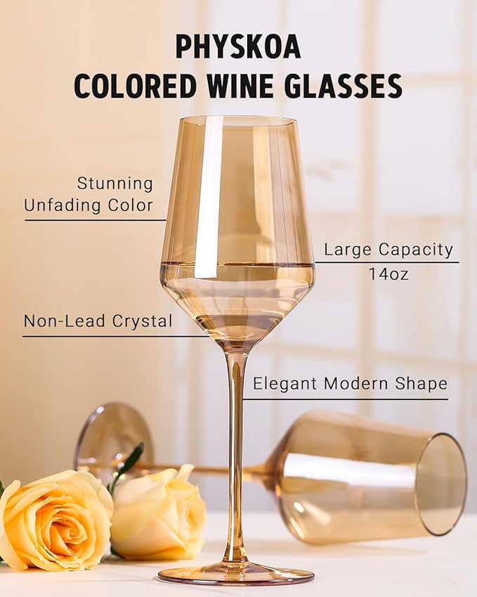 Physkoa Brown/Amber Wine Glasses Set of 6-15oz Hand Blown Crystal Colored Wine Glasses with Long Stem, Wedding, Birthday, Valentines Day Glassware