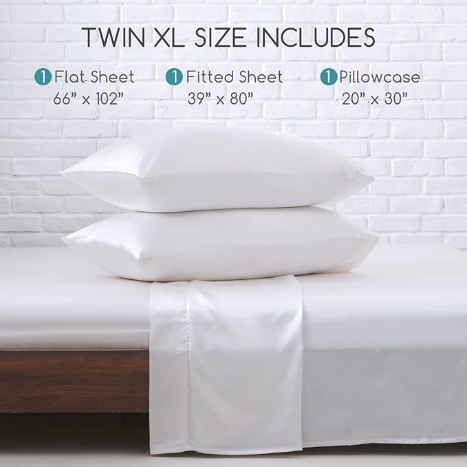 MR&HM Satin Bed Sheets, Twin XL Size Sheets Set, 3 Pcs Silky Bedding Set with 15 Inches Deep Pocket for Mattress (Twin XL, White)