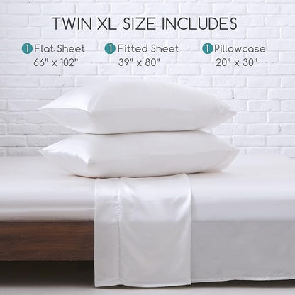 MR&HM Satin Bed Sheets, Twin XL Size Sheets Set, 3 Pcs Silky Bedding Set with 15 Inches Deep Pocket for Mattress (Twin XL, White)