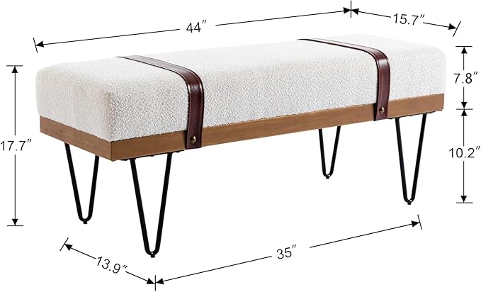 DUOMAY Industrial Modern Rectangle Ottoman Bench with PU Strap and Metal Legs, Mid Century Sherpa Dining Table Bench Footstool Entryway Shoe Bench for Bedroom Dining Room Living Room, White