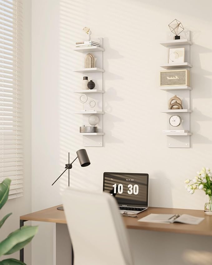 IBUYKE 5-Tier Modern Wall-Mounted Shelf, White Vertical Shelf, Floating Storage, Organizer, Tall Tower Design, Decorative Wall Mount Shelving for Home, Bedroom, Living Room, Office Decor WBC009W-2