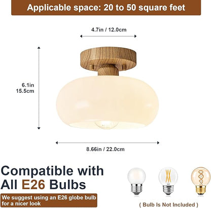 Mid-Century Modern Semi Flush Mount Ceiling Light, Faux Wood Kitchen Ceiling Light Fixture with Glass Shade, Vintage White Close to Ceiling Lamp for Entryway Hallway Bathroom (8.66 Inch)