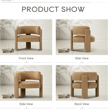 COLAMY Modern Velvet Accent Chair, Upholstered Barrel Chair, Comfy Side Arm Chair with 3 Legs for Living Room, Bedroom, Reading, Khaki