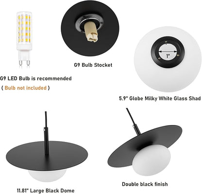 Modern Globe Pendant Lighting Set of 2 Milky White Glass Shade Matte Black Farmhouse Pendant Light 11.81" Dome Industrial Hanging Ceiling Light Fixture Kitchen Island Dinning Room Bedroom
