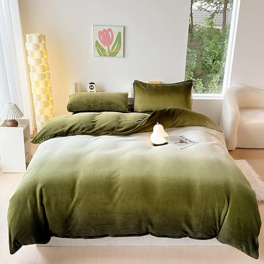 CLOTHKNOW Green White Fluffy Comforter Set Twin/Twin XL 3Pcs Gradient Green Velvet Bedding Comforter Sets Olive Green Comforter Sets