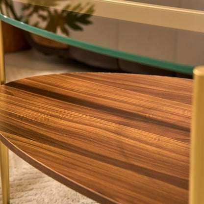 AGV LIGHTING Oval Coffee Table, Mid-Century Modern Coffee Table, Glass Coffee Table, Glod Finish Legs, Thick Tempered Clear Glass Top with Walnut MDF Shelf
