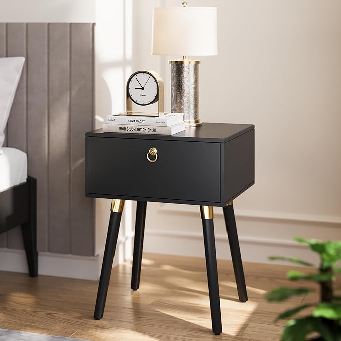 Bme Alden Wood Bedside Table Solid Wood End Table Mid Century Modern Nightstand, Side Table with 1 Drawer, Black