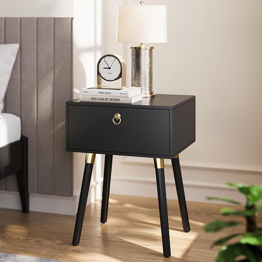 Bme Alden Wood Bedside Table Solid Wood End Table Mid Century Modern Nightstand, Side Table with 1 Drawer, Black