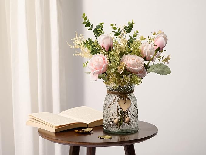 YJ Fake Flowers with Vase, Artificial Flowers Silk Roses Flower Bouquet in Vase, Faux Flower Arrangements,Farmhouse Table Decor,Table Decorations for Living Room(Pink)
