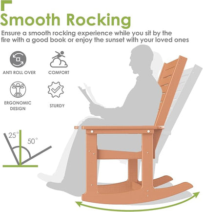 GREENVINES Outdoor Rocking Chairs | Set of 4 | Porch Rocker | HDPE Plastic | Teak | Oversized Rockers | High Back | Big & Tall | Ladder Back | for Patio Outside Backyard Balcony Garden