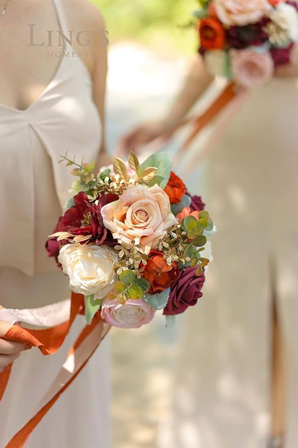 Ling's moment Terracotta Bridesmaid Bouquet, Burnt Orange Wedding Bouquets for Bridesmaids, 7 Inch Bridal Bouquets for Bridesmaids, Wedding Decor, Ceremony, Anniversary, Homecoming, etc.