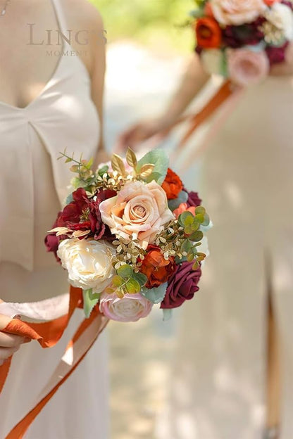 Ling's moment Terracotta Bridesmaid Bouquet, Burnt Orange Wedding Bouquets for Bridesmaids, 7 Inch Bridal Bouquets for Bridesmaids, Wedding Decor, Ceremony, Anniversary, Homecoming, etc.