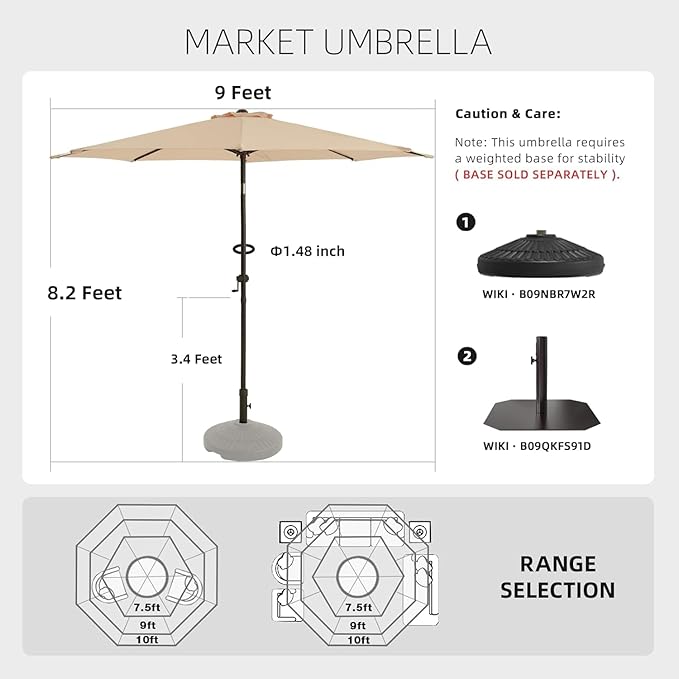 wikiwiki 9 FT Patio Umbrellas Outdoor Table Market Umbrella with Push Button Tilt/Crank,8 Sturdy Ribs, Fade Resistant Waterproof POLYESTER DTY Canopy for Garden, Lawn, Deck, Backyard & Pool