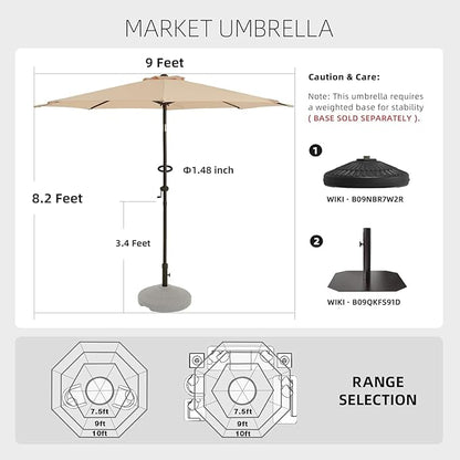 wikiwiki 9 FT Patio Umbrellas Outdoor Table Market Umbrella with Push Button Tilt/Crank,8 Sturdy Ribs, Fade Resistant Waterproof POLYESTER DTY Canopy for Garden, Lawn, Deck, Backyard & Pool