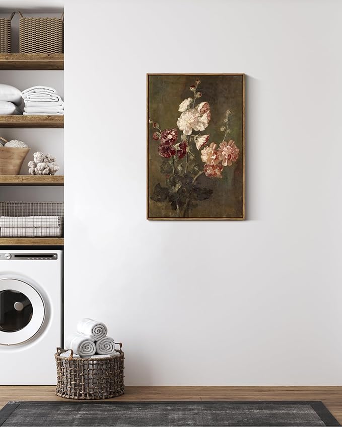 ARPEOTCY Large Framed Canvas Wall Art, Moody Hollyhocks Pictures Decor, 20x30Inch, Bathroom Kitchen Bedroom Vintage Floral Picture Decor, French Country Farmhouse Dark Art