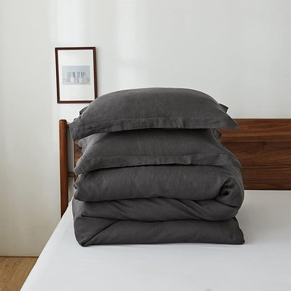Simple&Opulence 100% Linen Duvet Cover Set, 3 PCS Natural French Flax Dark Grey Duvet Cover King Size, Breathable Soft Comfy Linen Bedding Comforter Cover with 2 Pillowcases(Dark Grey, 104"x92")