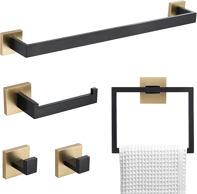 TNOMS 5 Pieces Bathroom Hardware Accessories Set Black and Gold Towel Bar Set,Wall Mounted Stainless Steel,23.6 Inch