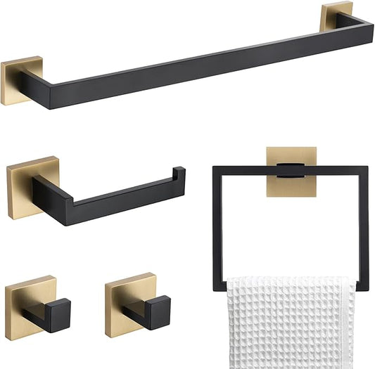 TNOMS 5 Pieces Bathroom Hardware Accessories Set Black and Gold Towel Bar Set,Wall Mounted Stainless Steel,23.6 Inch