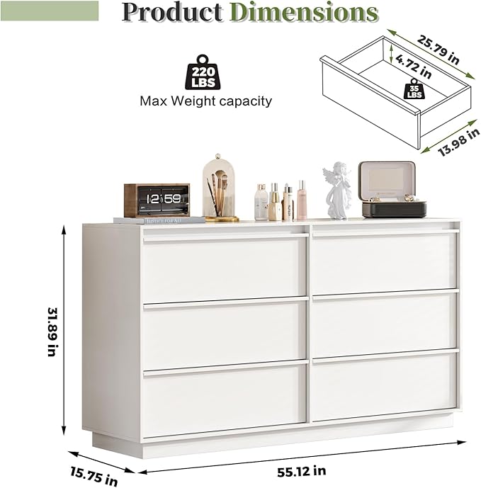 55.12" Modern Chest of Drawer, 6 Deep Drawers,Clothes Organizer,Large Storage Cabinet for Living Room, Bedroom,Dresser TV Stand, Wood Drawer Organizer for Living Room, Hallway,White