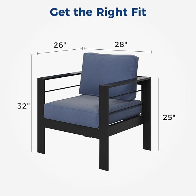 Wisteria Lane 2 Pieces Patio Furniture Aluminum Outdoor Chair , All-Weather Outdoor Chair, Black Metal Chair with Blue Cushions