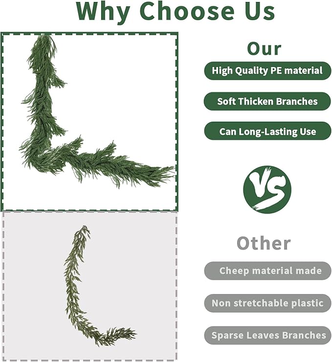 9FT Artificial Norfolk Pine Garlands for Christmas Decorations,Real Touch Winter Faux Greenery Garlands for Mantel Table Stair Fireplace Wall Holiday Indoor Outdoor Decor(2 Pack)