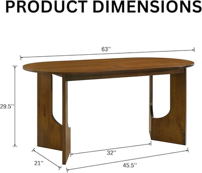 63" Oval Wooden Dining Table, Farmhouse Walnut Kitchen & Dining Room Table for 4-6 Seats, Modern Long Dinner Table with Pedestal Base, Home Desk for Kitchen, Living Room, Medium Walnut