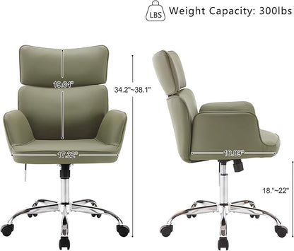 BV Adjustable Desk Chair with Wheels for Make Up, Faux Leather Rolling Armchair, 360° Swivel Comfy Task Chair for Home Office, Green