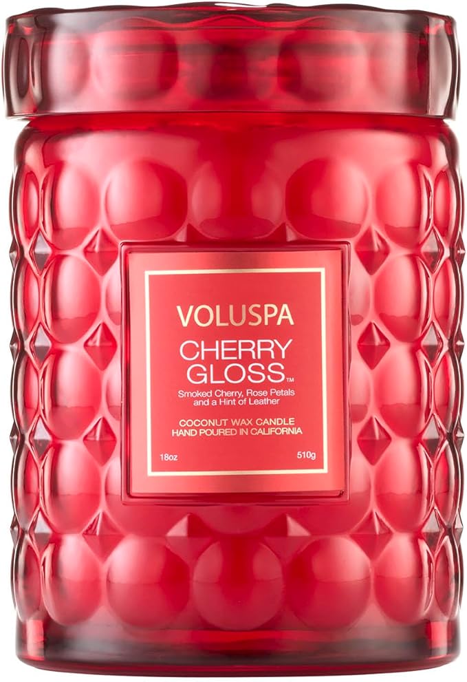 Voluspa Cherry Gloss Large Jar Candle, 18 oz, Coconut Wax Blend, Scented Candles for Home, 100 Hour Burn Time, Fruity Candle, Handcrafted in The USA