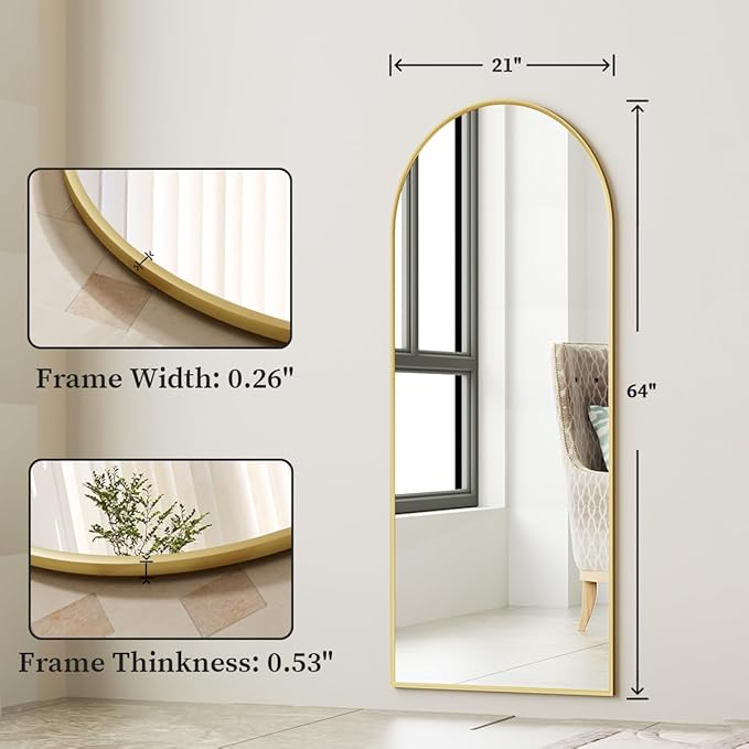 Arched Full Length Mirror, 64" x 21" Arch Floor Mirror with Stand, Full Length Wall Mirror Hanging or Leaning Arched-Top Full Body with Stand for Bedroom, Dressing Room, Gold