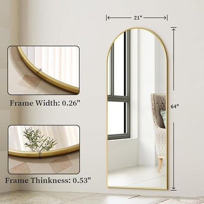 Arched Full Length Mirror, 64" x 21" Arch Floor Mirror with Stand, Full Length Wall Mirror Hanging or Leaning Arched-Top Full Body with Stand for Bedroom, Dressing Room, Gold