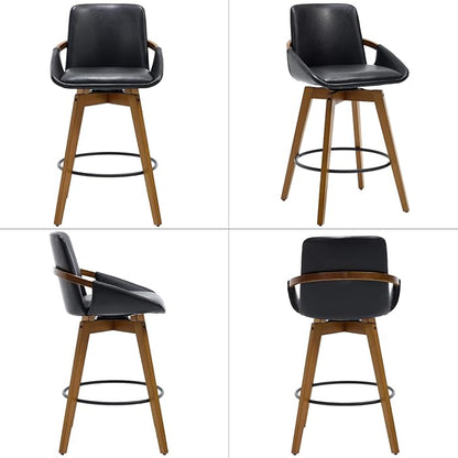 Mid-Century Swivel Bar Stools Set of 4, 26.5 inch Counter Height Barstools PU Leather Bar Chairs with Wooden Frame for Kitchen Island Dining Room, Black