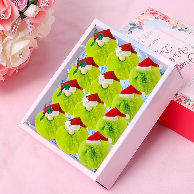 12 Pcs Green Furry Christmas Ball Ornaments,2.4 in Lime Green Plush Ball Hanging Ornaments with Red Santa Hat,Snowman and Leaf,Elf Xmas Hanging Baubles,Soft Faux Fur Pom Pom Ball Decor for Tree