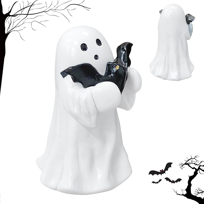 Halloween Ghost Figurine - Spooky Resin Ghost Statue, Hugging The Ghost of a Bat Ghost Halloween Decor Home Decoration Humorous Desktop Art Piece