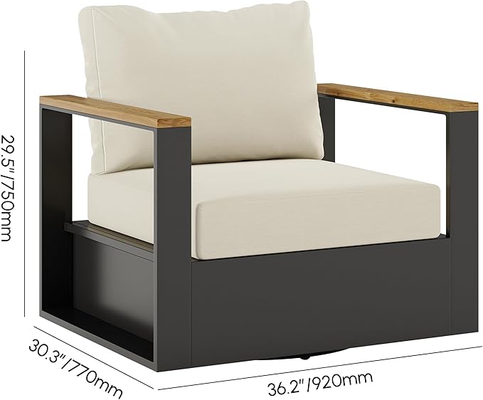 homary Outdoor Swivel Chair, Patio Chair Outdoor Seating with Beige Cushions, Aluminum Frame & Wood Accents, 360° Rotating Base, Weather-Resistant Upholstery for Patio or Deck