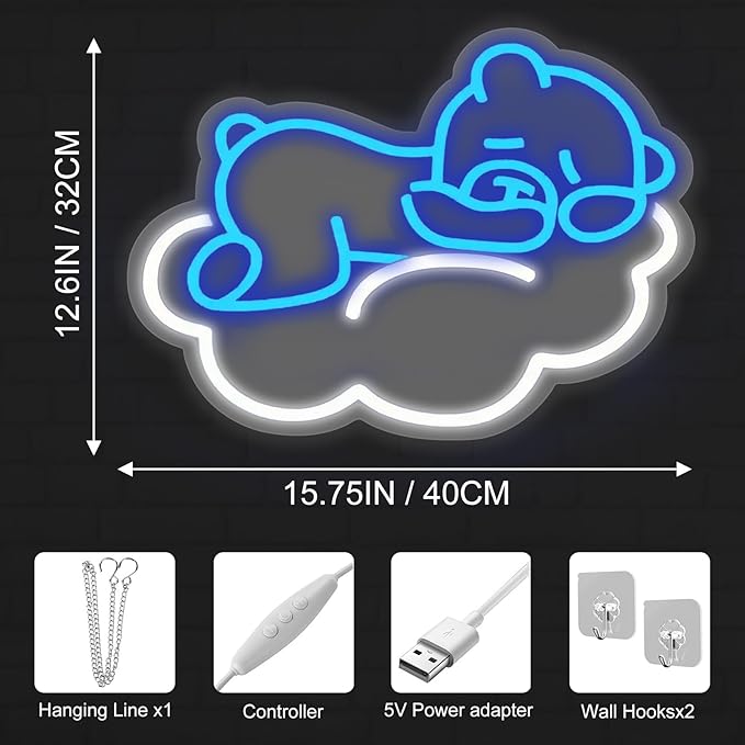 Cute Blue Bear LED Neon Sign for Wall Decor, Anime Wall Decoration, Bright Cute Bear Wall Decor Gift for kids bedroom, party decoration, Kids' Room, Girls Room, Bedroom Game Room Bar