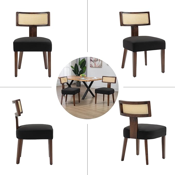 Upholstered Rattan Dining Chairs Set of 6, Mid-Century Modern Fabric Dining Room Chairs with Brown Hardwood Frame, Curved Backrest Kitchen Chairs for Living Room (Black)