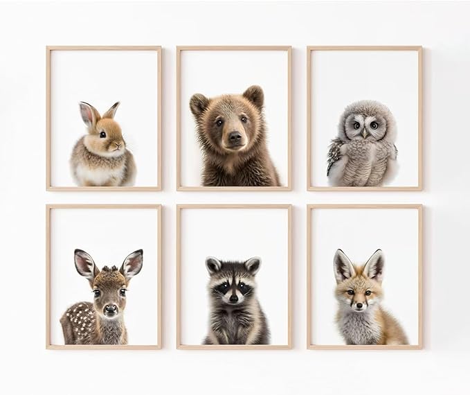 Nursery Animal Wall Art Pictures Baby Safari Canvas Wall Decor Jungle Woodland Wall Art Cute Animal Prints Paintings Nursery Kids Posters for Boys Girls Room Bedroom 8x10 Inch Unframed Set of 6