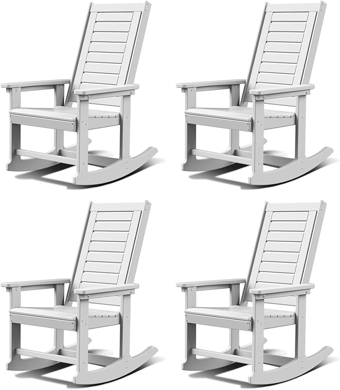 GREENVINES Outdoor Rocking Chairs | Set of 4 | Porch Rocker | HDPE Plastic | White | Oversized Rockers | High Back | Big & Tall | Ladder Back | for Patio Outside Backyard Balcony Garden