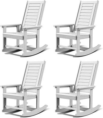 GREENVINES Outdoor Rocking Chairs | Set of 4 | Porch Rocker | HDPE Plastic | White | Oversized Rockers | High Back | Big & Tall | Ladder Back | for Patio Outside Backyard Balcony Garden