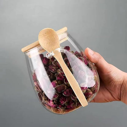 Airtight glass jar storage container with bamboo lid Set of 4, wide mouth, leak-proof, With a spoon, can be used for coffee beans, tea leaves, grains, dried fruits, etc (Small*4pcs)