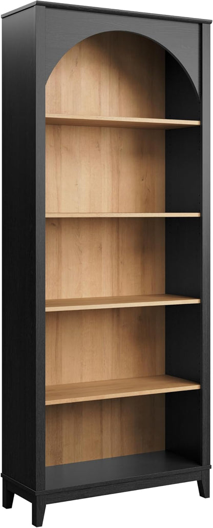 Prepac Ark 78" Tall 5-Tier Arched Bookcase, Black Oak with Oak Finish Interior, Modern Storage Accent Bookshelf with 3 Adjustable Shelves for Home, Office, Living Room, Bedroom