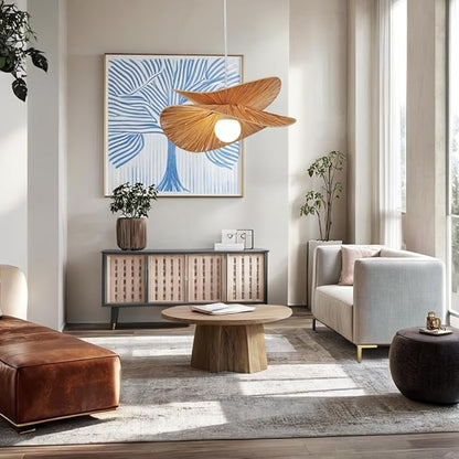 Natural Abaca Woven Pendant Light, Hand-Made Weaved Ceiling Light with Organic Weaved Leaf Finish, 20 Inch Diam Hanging Pendant Light for Bedroom, Living Room, Dining Room