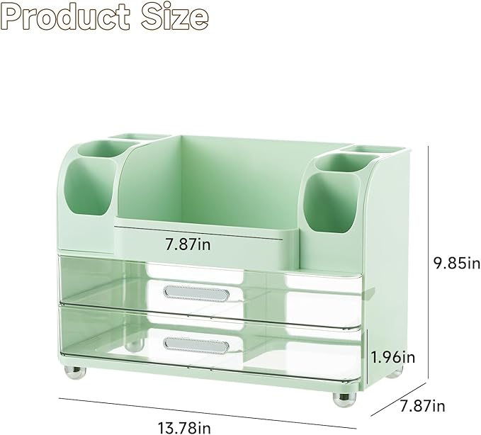 Makeup Organizer for Vanity with 2 Large Drawers, Cosmetic Display Case with Brush Holders, Easy to Storage for Bathroom Countertop Skincare, Desk Office Supplies, Green